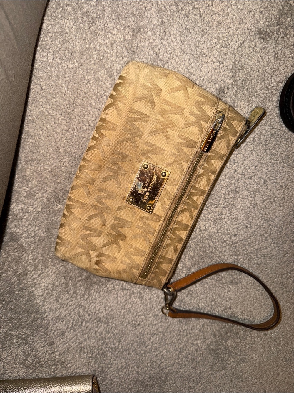 Michael Kors Tan Logo Wristlet Clutch with Gold Hardware